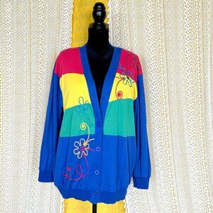 Vintage 90s Y2K Floral Embroidered Colorblock Oversized Long Cardigan Size L